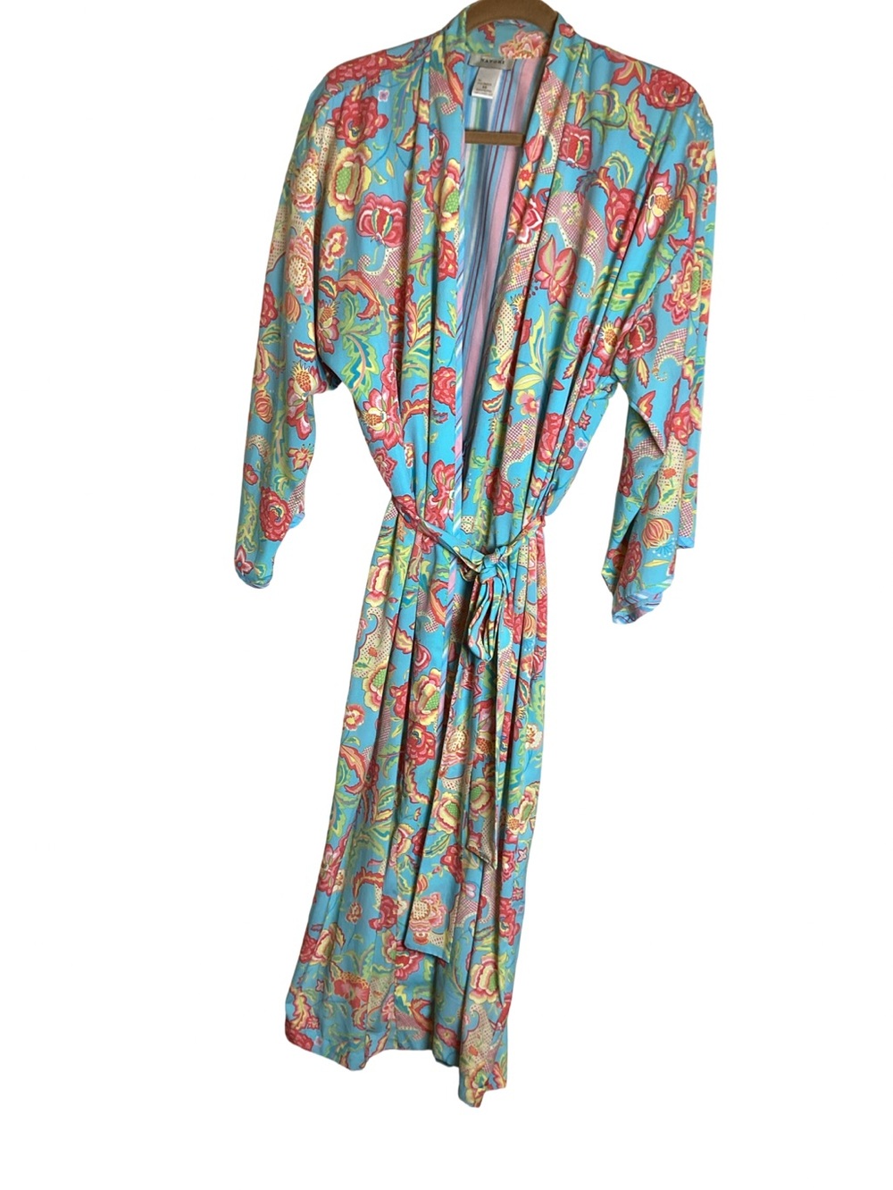 NATORI Blu floral ,colorful dressing gown with belt Sz S modest whimsical